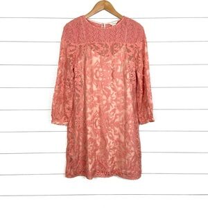 SUNDANCE Silk Embroidered Coral Pink Dress Lace Long Sleeve 6